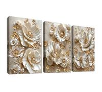 3Pcs Cadre en Bois Impression sur Toile Fleurs de Pivoines 3D Or Abricot de Luxe Tableau Image sur Toile Poster Camée Floral Peinture Tableau Decoration Murale Salon Chambre Salle de Bain 30x40cm x3