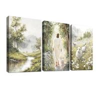 3Pcs Cadre en Bois Impression sur Toile Jésus Agneau Chrétien Tableau Affiche Decoration Murale Pâques Il est ressuscité Prairie Image Religieux Tableau Decoration Murale Église Chambre 50x70cmx3pcs