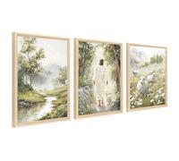 3Pcs Cadre en bois Impression sur Toile Jésus Agneau Chrétien Tableau Religieux Peinture Pâques Il est ressuscité Prairie Tableau Decoration Murale Salon Chambre Église 40x60cm x3 (Pas de plexiglas)