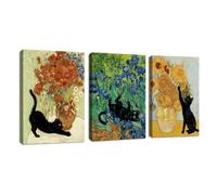 3Pcs Chat Noir Jouant Avec des Tournesols Tableau Decoration Murale, Vintage Van Gogh Coquelicots Tableau Peinture Sur Toile Animaux Drôles Impression Sur Toile Décoration pour Salon Chambre 50X70cmX3