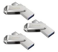 3pcs clé usb à double connectique ( usb type-c et usb type-a) sandisk ultra luxe 32go pour les appareils usb type-c argenté (paquet de trois)