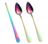 3pcs Cuillères et Couteau Dentelés pour Pamplemousse, Ustensiles Service Courbés en Acier Inoxydable pour Agrumes Citron Kiwi Melon Citron Vert Pitaya Outil Manger Fruits (Coloré)