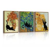 3Pcs Drôle Chat Noir et Tournesols Impression Sur Toile Avec Cadre Vintage Van Gogh Coquelicots Affiche Tableau Decoration Murale Drôle Animaux Tableau Peinture Sur Toile Decor Salon Chambre 30x40cmx3