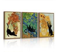 3Pcs Drôle Chat Noir et Tournesols Impression Sur Toile Avec Cadre Vintage Van Gogh Coquelicots Affiche Tableau Decoration Murale Drôle Animaux Tableau Peinture Sur Toile Decor Salon Chambre 40x60cmx3