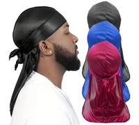 3PCS Durag en soie pour hommes Bord élastique Durag en soie imitation avec compression de couronne Casquette ondulée respirante à la mode pour les fêtes, les réunions de famille et les sorties déc.