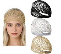 3pcs Elegant Plum Blossom Hollow Beaded Wide Headband, Wide Lace Boho Chic Crystal and Pearl Headbands with Beaded, Floral Headwraps for Women Cover Gray Hair (3pc C)
