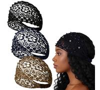 3pcs Elegant Plum Blossom Hollow Beaded Wide Headband, Wide Lace Boho Chic Crystal and Pearl Headbands with Beaded, Floral Headwraps for Women Cover Gray Hair (3pc A)