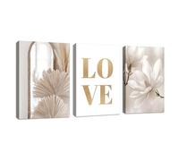 3Pcs En bois Cadre Boho Beige Blanc LOVE Magnolia Tableau Décoration Murale Salon Nordique Minimalisme Famille Impression sur Toile Peintures sur Toile Décor Murale pour Chambre Maison Bain 40x60cmx3