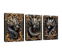 3Pcs Encadré Impressions sur Toile Dragon sculpté en or noir Tableau Murale Decoration Salon Photo sur Toile Image sur Toile Peinture 3D Animal Gragon Tableaux Chambre Maison 30x40 cmx3(90x40 cm)
