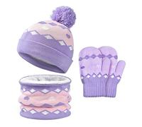 3Pcs Ensemble Bonnet Tricoté Enfant Écharpe Gants d'hiver Cagoules Ski Chaud Tour De Cou Moufle Fille Garçon Bonnet Pompon avec Épaisse Doublure Polaire Chapeau Oreillette et Cache-Cou