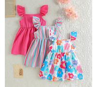 3pcs Ensemble de robe d'été mignonne pour bébé fille, robe blanche à fleurs avec manches à volants, imprimé rayures arc-en-ciel & robe de couleur unie pour fête, vacances & port quotidien 6-9M,9-12M,1