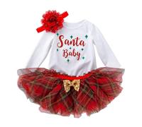 3pcs Ensemble Robe De Noël Bébé Fille, Set de Vêtements Princesse Manches Longues Barboteuse+Robes Tutu+Bandeau Tenues, Robes Fête Col Rond Décontractée, Robe Mesh De Noël pour Enfant