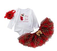 3pcs Ensemble Robe De Noël Bébé Fille, Set de Vêtements Princesse Manches Longues Barboteuse+Robes Tutu+Bandeau Tenues, Robes Fête Col Rond Décontractée, Robe Mesh De Noël pour Enfant