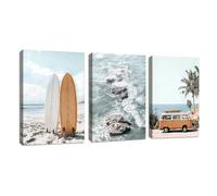 3Pcs Été Bleu Côtier Paysage Tableau Decoration Murale Avec Cadre Vintage Planche De Surf Bus Impression Sur Toile Détente Naturel Paysage Tableau Affiche Peinture Décor pour Chambre Salon 50x70cmX3