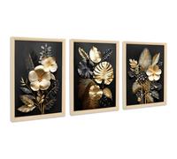 3Pcs Fleurs 3D en Or Noir Cadre en Bois Impression sur Toile Feuilles Dorées Tropical Image sur Toile Peinture Tableau Decoration Murale Salon Chambre Maison 90x40cm(12"x16"x3pcs) (Pas de plexiglas)