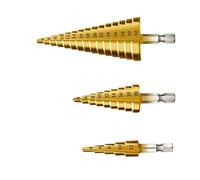 3PCS Foret Fraise Meche Etage, Triangle Conique Titane Foret Fraise, 4-12/20/32 mm, HSS Inox Metal, Pour Visseuse Percage sur Acier, Laiton, Bois, Plastique