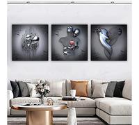 3PCS Impression sur Toile Sculpture Figure Couple Statue-Love Heart Argent / Gris Art Wall, Moderne Abstrait Décoration Murale Peinture, Art mural en toile pour la décoration de salon/chambre/bureau (