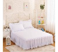 3PCS Jupe De Lit Couvre-lit Dentelle, Ultra-Doux Cache Sommier Princesse Plissé Poussière Chute De Volant Drap Plat élégante Dessus De Lits,White-150X200CM