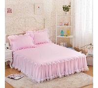 3PCS Jupe De Lit Couvre-lit Dentelle, Ultra-Doux Cache Sommier Princesse Plissé Poussière Chute De Volant Drap Plat élégante Dessus De Lits,Pink-150X200CM
