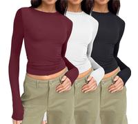 3PCS Ladies Long Sleeve Crop Blouse Spring Crew Neck Solid Color Basic Tops Slim Fit T Shirts Casual Tunic Mothers Day Easter Gifts for Mum B-120