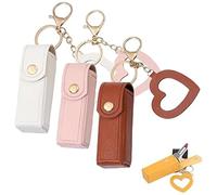3pcs Lip Oil Keychain, Mirror & Oil 2-in-1, Women Mini Lipstick Case with Keychain & Heart Pendant, Leather Potable Lip Gloss Holder for Car/Travel Storage(Type C)