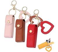 3pcs Lip Oil Keychain, Mirror & Oil 2-in-1, Women Mini Lipstick Case with Keychain & Heart Pendant, Leather Potable Lip Gloss Holder for Car/Travel Storage(Type D)