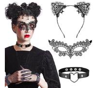 3pcs Masque Dentelle Serre Tete Oreille de Chat Collier, Masque Venitien Femme Fille Masque de Yeux Sexy Noir Bandeau Serre Tête d’Oreilles de Chat pour Halloween Carnaval Fête Bal Costumé Cosplay