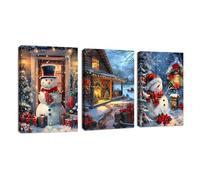 3Pcs Noël Ambiance Hiver Neige Scène Tableau Decoration Murale Avec Cadre Rouge Bonhomme de neige Cabanes Paysage Nocturne Impression Sur Toile Affiche Peintures Deco Chambre Maison Bureau 30x40cmx3