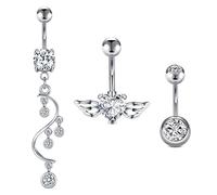 3pcs nombril Anneaux d'Argent 10mm Nombril Bars avec Dangle Coeur de Cristal Acier Chirurgical Bijoux Piercing