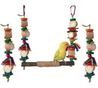 3PCS Oiseau Perruche Set de Jouets, Bois Naturel Coloré & Maïs Jouets à Macher Combinés Oiseaux Balançoire Avec 2 Jouets à Macher de Remplacement