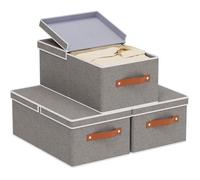 3PCS Panier Rangement Dressing, Boite en Tissu Pliable Avec Couvercle Amovible et 2 Poignée, Casier Vetement 41x25x16.5cm, Gris