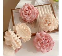 3pcs,Pince à cheveux fleur rose en tissu pour femmes et filles, pinces à cheveux, pinces à requin, cordon de serrage, fleurs douces