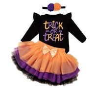 3Pcs Première tenue d'Halloween pour bébé fille Robe Romper pour bébé Jupe Tutu avec nœud et bandeau Body pour nouveau-né Thanksgiving (Pourpre-orange, 12-18Mois)