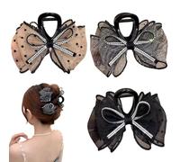 3PCS Rhinestone Sparkling Bow Shark Hair Clips, Large Tulle Bow Hair Claw Clips for Women, Strong Hold for Thick Hair, Elegant Styling Accessories (3PCS)