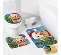 3Pcs Tapis De Bain Chien Golden Retriever Portant Un Chapeau Rouge Toilette en Forme De U Mat Doux Absorbant Tapis De Bain Ensemble, pour Chambre, Cuisine, Bathroom