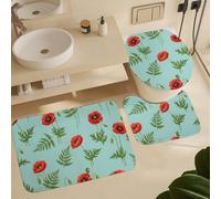 3Pcs Tapis De Bain Fleurs De Pavot Rouges Et Feuilles Bath Mat Antidérapant Antidérapant Lavable Tapis De Salle De Bains, pour Cuisine, Bathroom, Chambre