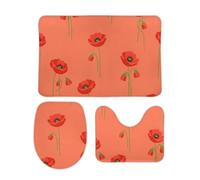 3Pcs Tapis De Bain Fleurs De Pavot Rouges Rétro Bath Mat Antidérapant Antidérapant Doux Tapis Contour WC, pour Cuisine, Bathroom, Chambre