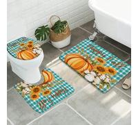 3Pcs Tapis De Bain Joyeux Automne Citrouille Tournesol Carreaux Buffalo Thanksgiving Récolte Couverture De Toilette Siège Durable Lavable Set De Tapis Toilette, pour Bathroom, Cuisine, Chambre
