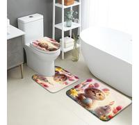 3Pcs Tapis De Bain Lapin Mignon De Pâques Fleur De Chat Toilette en Forme De U Mat Confortable Durable Tapis De Salle De Bains, pour Bathroom, Chambre, Cuisine