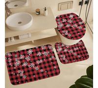 3Pcs Tapis De Bain Noël Rouge Buffalo Plaid Flocons De Neige Toilette en Forme De U Mat Lavable Confortable Tapis De Douche, pour Bathroom, Cuisine, Chambre