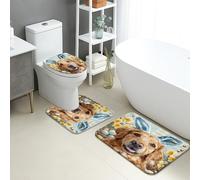 3Pcs Tapis De Bain Pâques Chien Mignon Oreilles De Lapin Fleur Toilette en Forme De U Mat Antidérapant Lavable Tapis De Bain + Contour + Abattant WC, pour Bathroom, Cuisine, Chambre