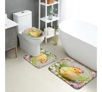 3Pcs Tapis De Bain Poussins Mignons De Pâques Et Fleurs Toilette en Forme De U Mat Confortable Décoratif Tapis De Bain Ensemble, pour Cuisine, Chambre, Bathroom