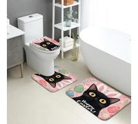 3Pcs Tapis De Bain Œufs De Pâques Mignons avec des Chats Et des Lapins Toilette en Forme De U Mat Antidérapant Lavable Tapis Contour WC, pour Chambre, Cuisine, Bathroom