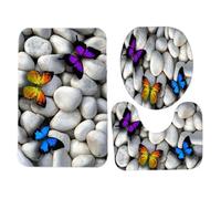 3pcs Toilet Seat， Mat Set 10MM Sponge ，Butterfly Pebble Pattern Warm Absorbent Bathroom Rug Set for Home