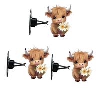 3PCS Vache Des Highlands Tenant Une Clips De Ventilation Pour Diffuseur De Voiture, 6cm Pince Acrylique Plate 2D Clip De Ventilation De Voiture Daisy, Lisse Et Résistante Aux Rayures