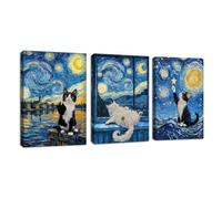 3Pcs Van Gogh La Nuit Etoilée et Les Chats Tableau Decoration Murale Avec Cadre, Drôle Au Bord la Rivière Chats Impression Sur Toile Vintage Animaux Tableau Peinture Décor pour Chambre Salon 40x60cmX3