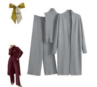 3PCS Womens Knitted Pants Suit with Cardigan Turtleneck Sweater Set,3 Piece Autumn Winter Knit Lounge Set,Fall Travel Outfits (Gray, One Size)