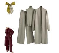 3PCS Womens Knitted Pants Suit with Cardigan Turtleneck Sweater Set,3 Piece Autumn Winter Knit Lounge Set,Fall Travel Outfits (Khaki, One Size)