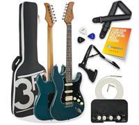 3rd Avenue Stateside Guitare électrique 4/4 Kit ultime avec amplificateur 5 W, câble, support, sac de transport rembourré, sangle, médiators, leçons gratuites - Bleu Delta