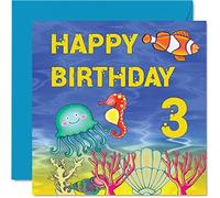 3rd Birthday Card Boy Girl - Sealife Birthday Card - Happy Birthday Card 3 Year Old Boy, Girl Boys Birthday Cards for Him Her, 145mm x 145mm Greeting Card for Son Nephew Grandson Daughter Brother